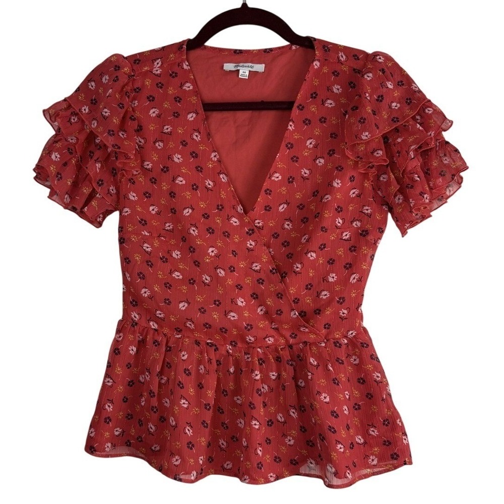 Madewell Red Metallic Floral Tiered Sleeve Peplum Wrap Top L2965 Womens 00